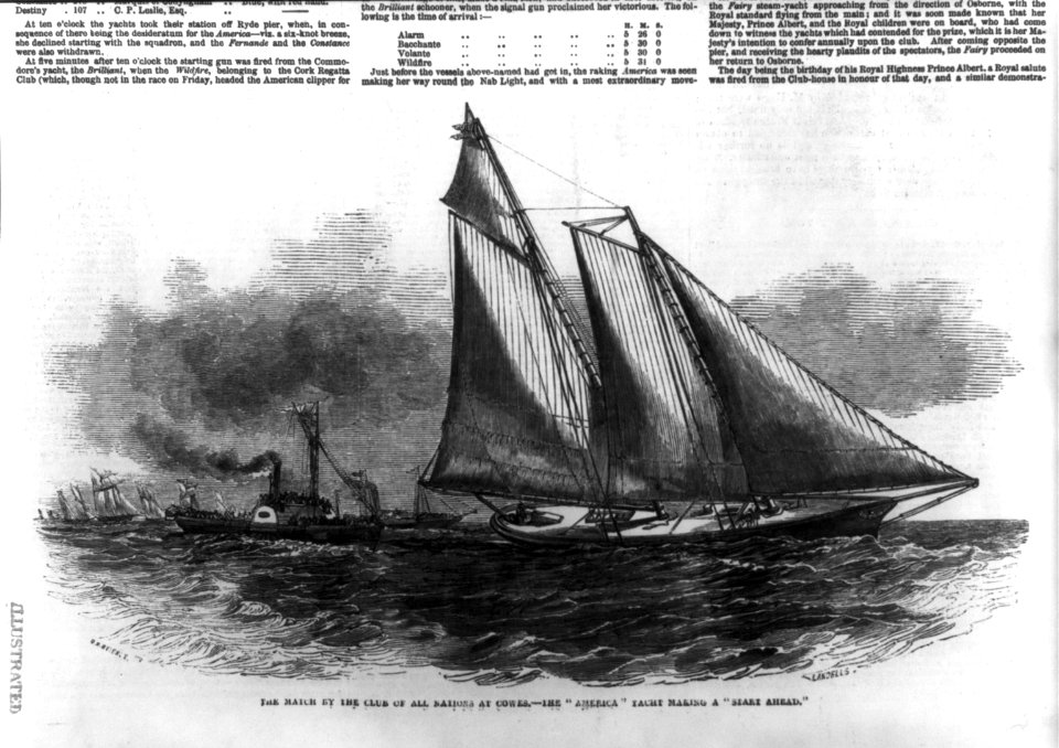 The match by the Club of All Nations at Cowes (England). The AMERICA yacht making a start ahead LCCN2003655375