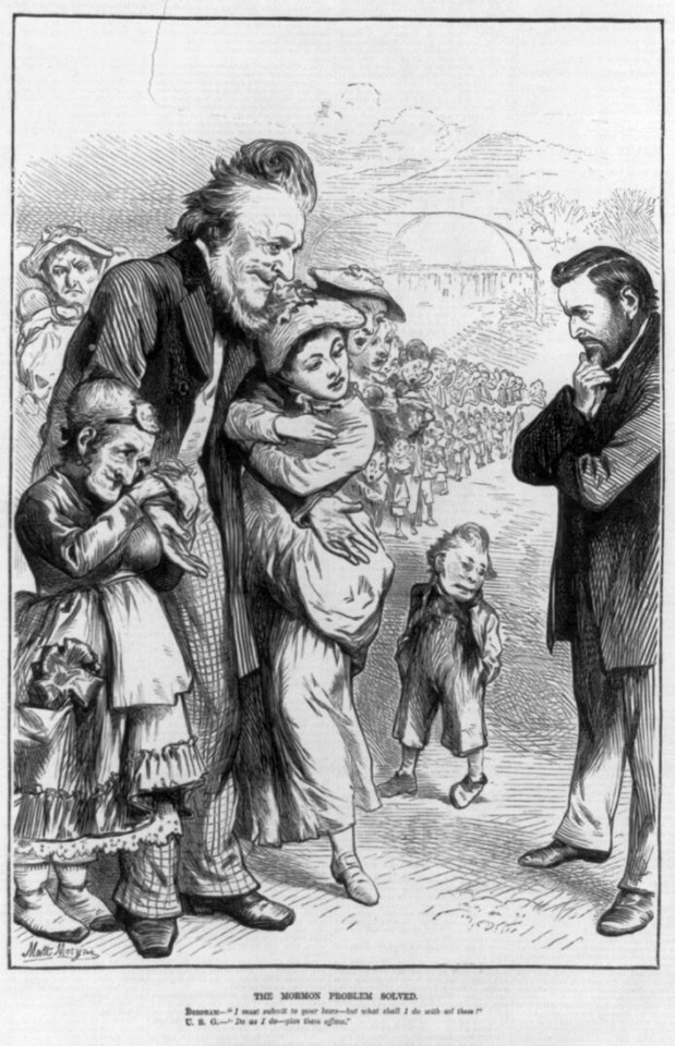 The Mormon Problem Solved (Cartoon of Brigham Young telling Pres. Grant I must submit to your laws - but what shall I do with these (hundreds of wives and children); Grant replies- Do as LCCN99614059