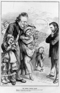 The Mormon Problem Solved (Cartoon of Brigham Young telling Pres. Grant I must submit to your laws - but what shall I do with these (hundreds of wives and children); Grant replies- Do as LCCN99614059