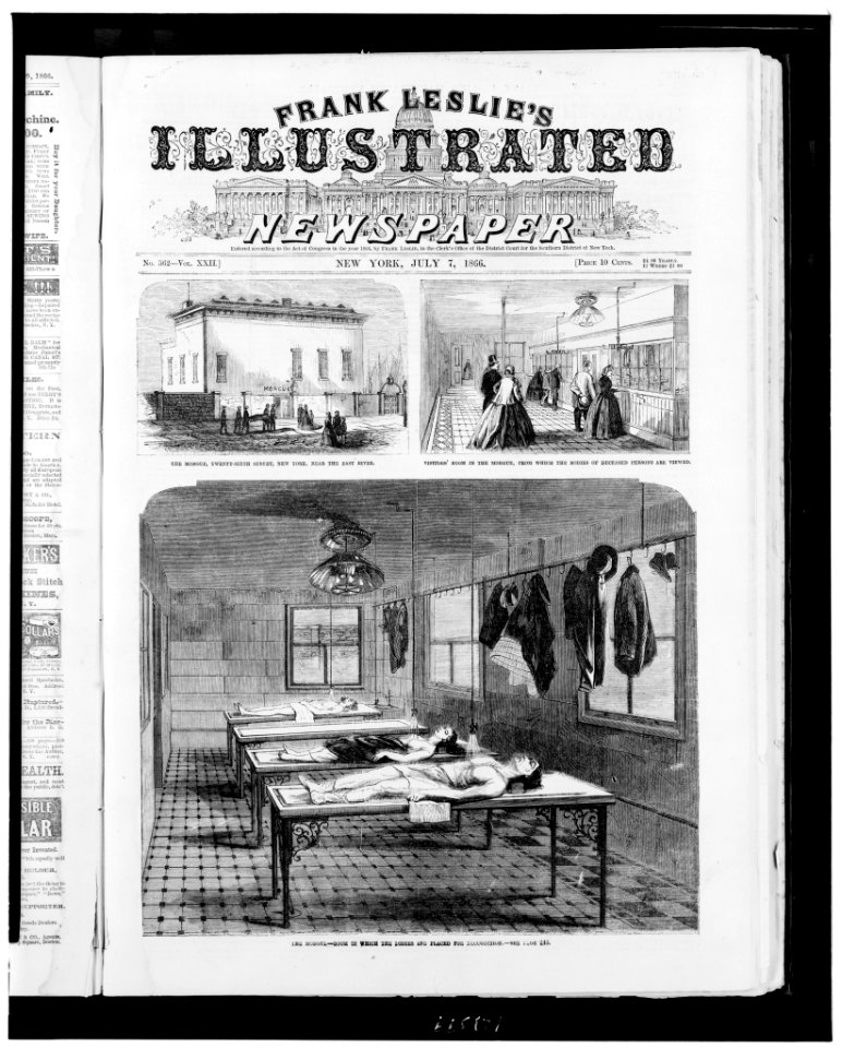 The morgue, Twenty-Sixth Street, New York, near the East River Visitors' room in the morgue, from which the bodies of deceased persons are viewed ; The Morgue - Room in which the bodies are LCCN98510175