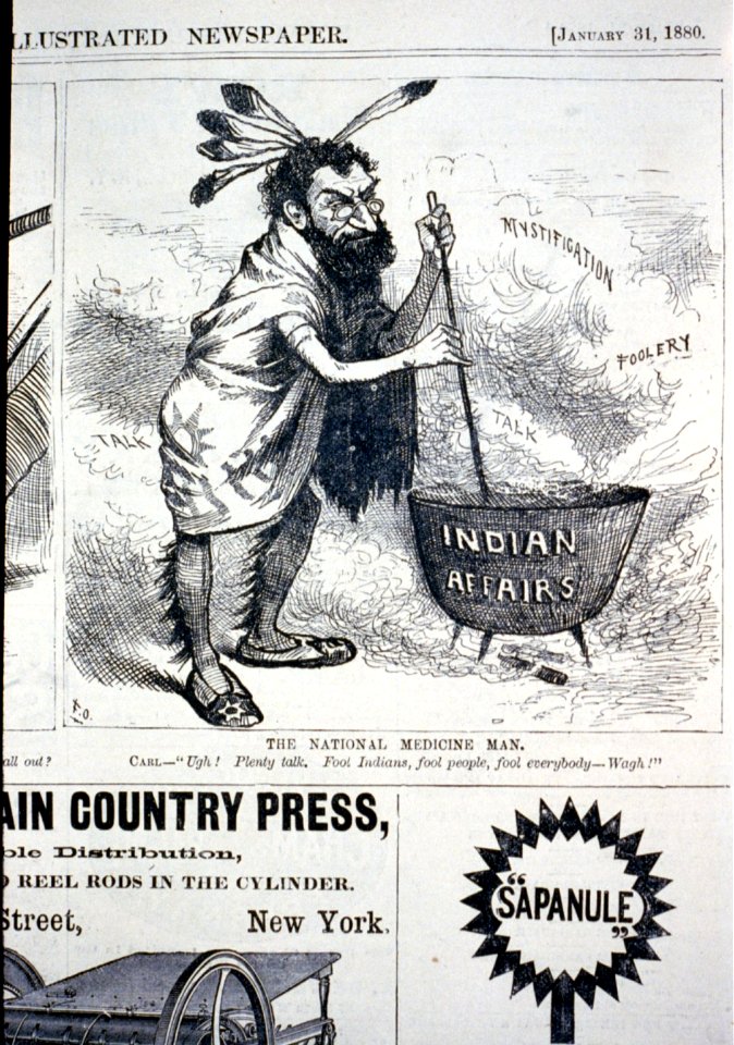 The national medicine man (caricature of Carl Schurz, dressed as an Indian, stirring pot Indian affairs and saying, Ugh! Plenty talk. Fool people, fool Indians, fool everybody - wagh!) LCCN2001696523
