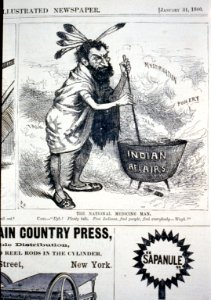 The national medicine man (caricature of Carl Schurz, dressed as an Indian, stirring pot Indian affairs and saying, Ugh! Plenty talk. Fool people, fool Indians, fool everybody - wagh!) LCCN2001696523