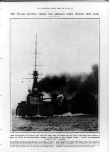 The naval battle force the German fleet would not face. ...A British super-dreadnought battleship firing a broadside LCCN2004667843