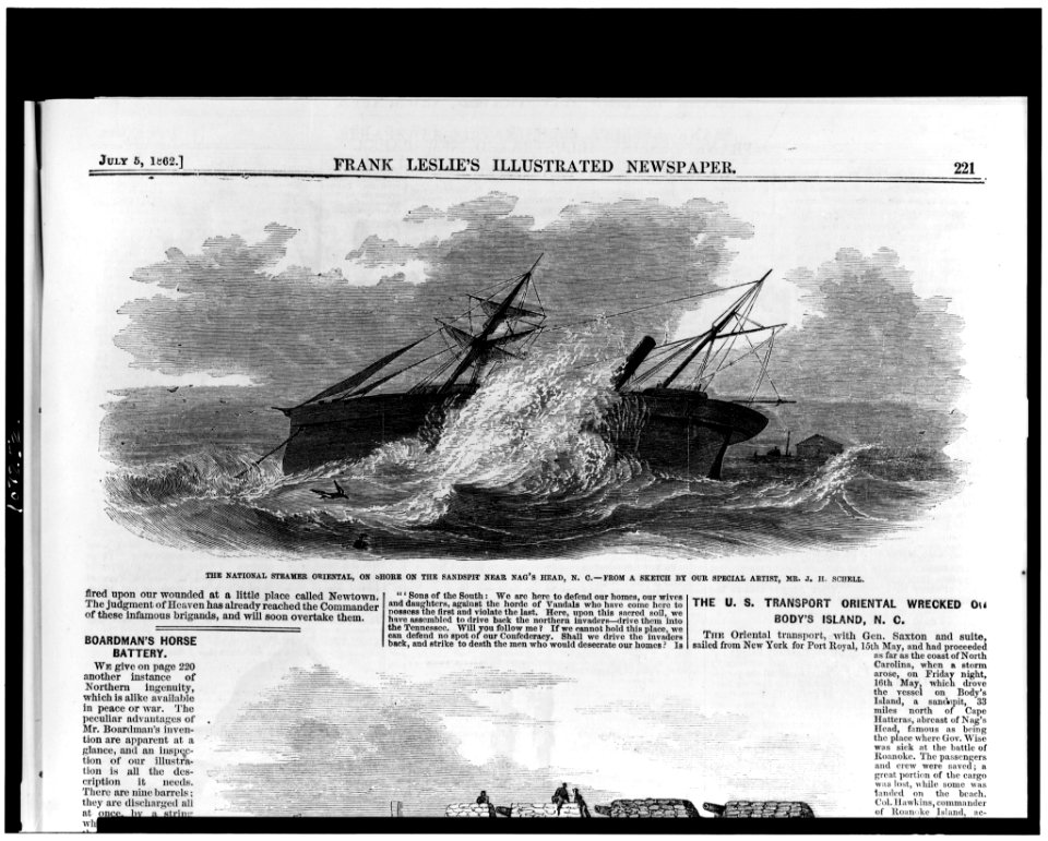 The National steamer Oriental, on shore on the sandpit near Nag's Head, N.C. - From a sketch by our special artist, Mr. J.H. Schell. LCCN93502866