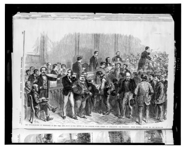 The naturalization of foreigners in New York City - Judge McCunn sitting in the Superior Court, passing on applications for citizenship, Friday evening, October 22, 1869 - BGHS. LCCN98511394