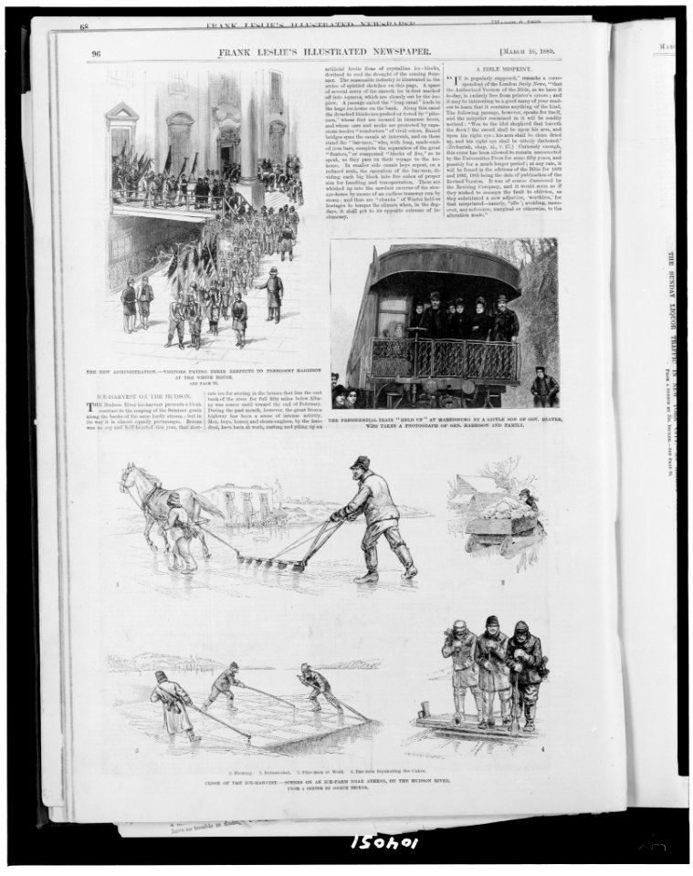 The New administration-visitors paying their respects to President Harrison at the White House. The presidential train held up at Harrisburg by a little son of Gov. Beaver, who takes a LCCN91787147