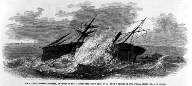 The National steamer Oriental, on shore on the sandpit near Nag's Head, N.C. - From a sketch by our special artist, Mr. J.H. Schell. LCCN93502866
