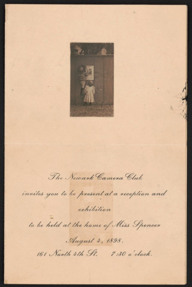 The Newark Camera Club invites you to be present at a reception and exhibition to be held at the home of Miss Spencer August 4, 1898. 161 North 4th St. 7-30 o'clock LCCN2016649770