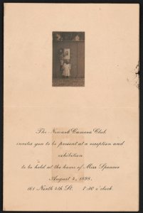 The Newark Camera Club invites you to be present at a reception and exhibition to be held at the home of Miss Spencer August 4, 1898. 161 North 4th St. 7-30 o'clock LCCN2016649770