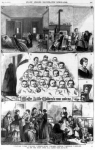 The New York Infant Asylum, No. 24 Clinton Place (7 images)- 1. Lying-in ward; 2. Nursery; 3. (no image); 4. Portraits of the pets (children); 5. The matron; 6. Queen Bess (girl); 7. LCCN99614072