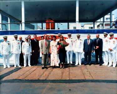 The official party for the christening and launch of the guided missile destroyer USS The Sullivans (DDG-68)