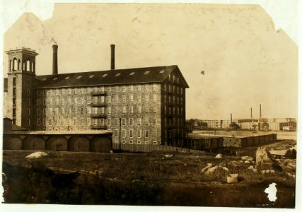 The Old and the New. Chase Mill built in 1872 in foreground, Pilgrim Mill build (sic) in 1912 in the distance. LOC nclc.03076