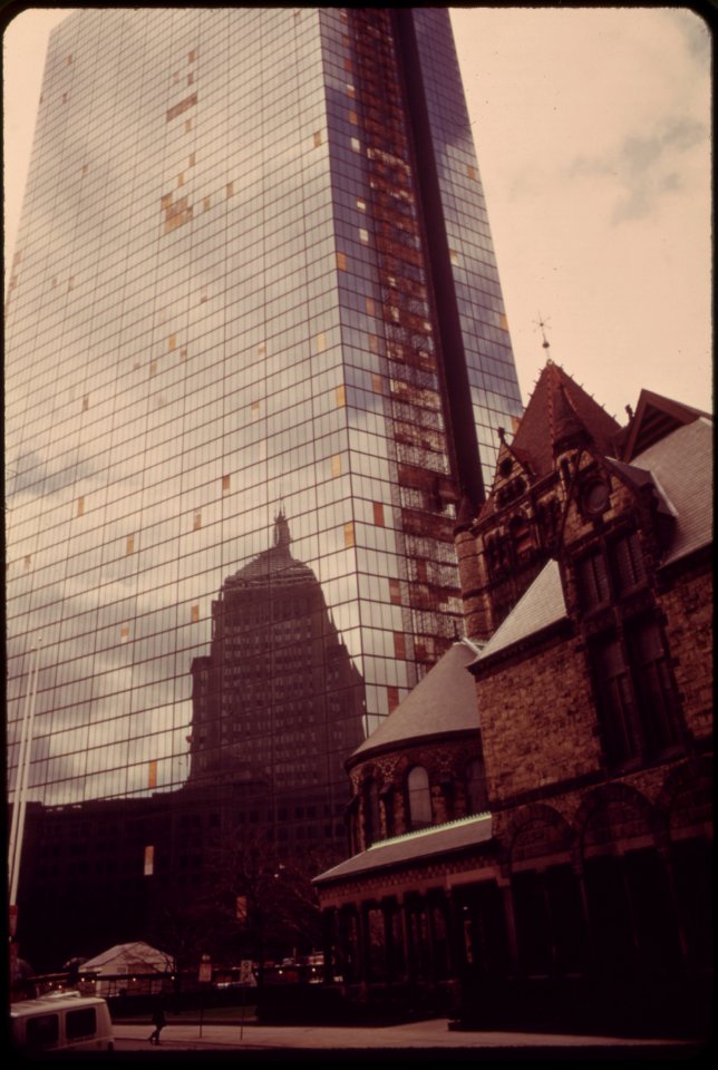 The Old John Hancock Building Is Reflected in the Glass Front of the New John Hancock Building, Boston 04-1973 (3952794611)