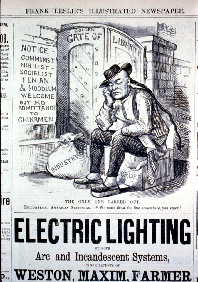 The only one barred out (caricature of Chinese man seated outside Golden Gate of Liberty) LCCN2001696530