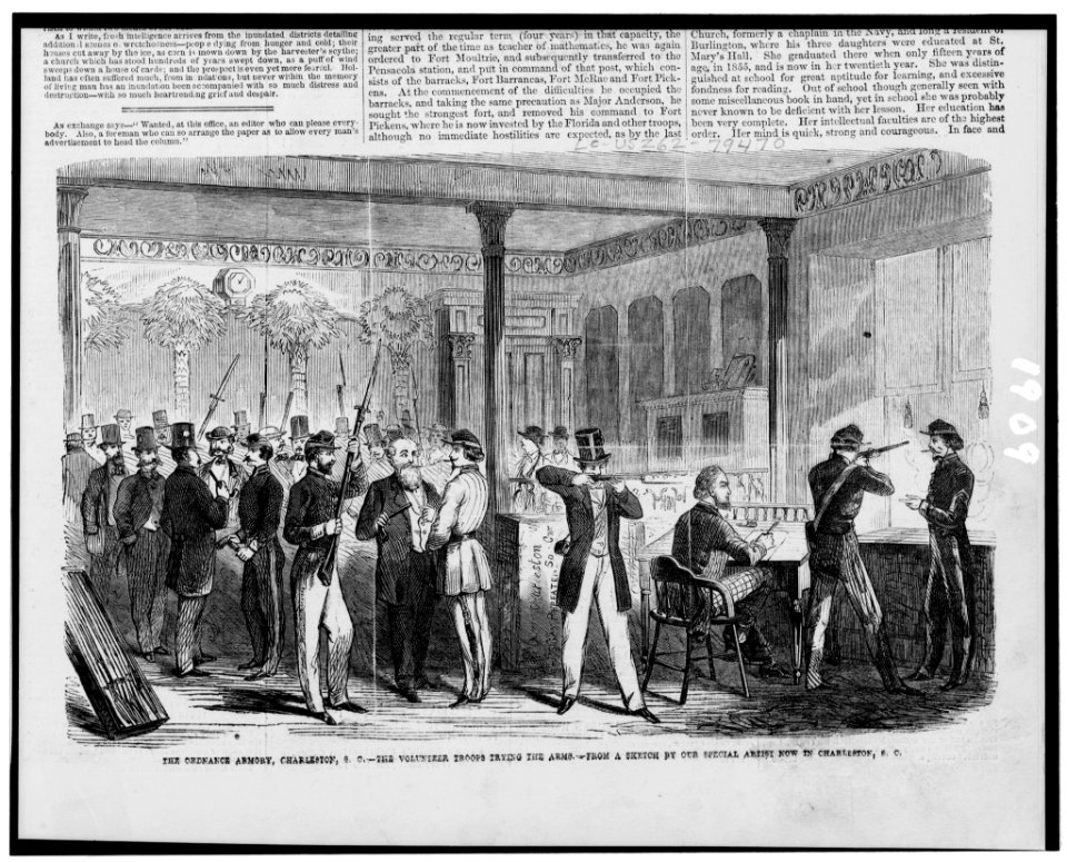 The ordnance armory, Charleston, S.C. - the volunteer troops trying the arms - from a sketch by our special artist now in Charleston, S.C. LCCN94508959