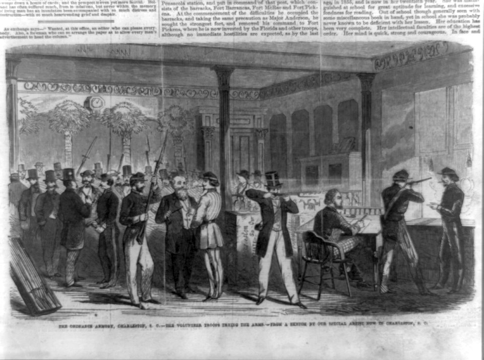 The Ordnance armory, Charleston, S.C. - the volunteer troops trying the arms - from a sketch by our special artist now in Charleston, S.C. LCCN99614158