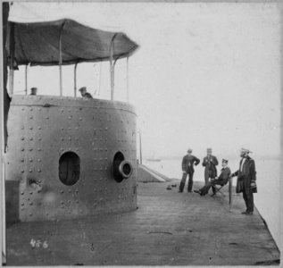 The Original Monitor after her Fight with the Merrimac. Near the port-hole can be seen the dents made by the heavy steel - NARA - 559269