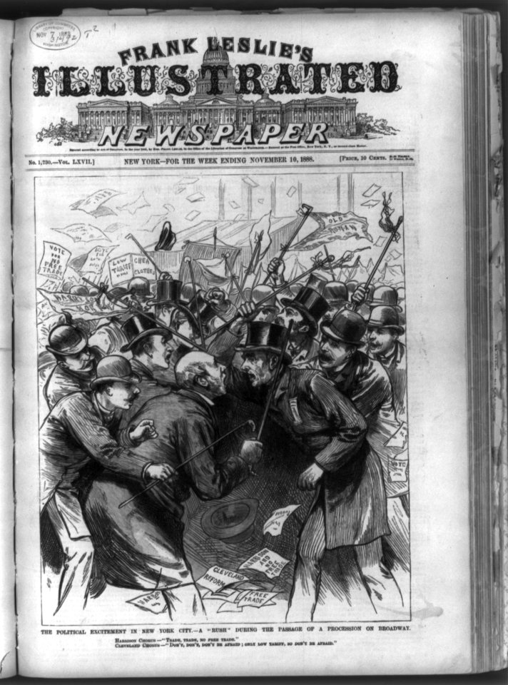 The Political excitement in New York City - A Rush during the passage of a procession on Broadway (Harrison and Cleveland supporters in confrontation with raised canes over the issues of LCCN99614021
