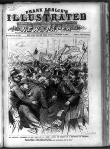 The Political excitement in New York City - A Rush during the passage of a procession on Broadway (Harrison and Cleveland supporters in confrontation with raised canes over the issues of LCCN99614021
