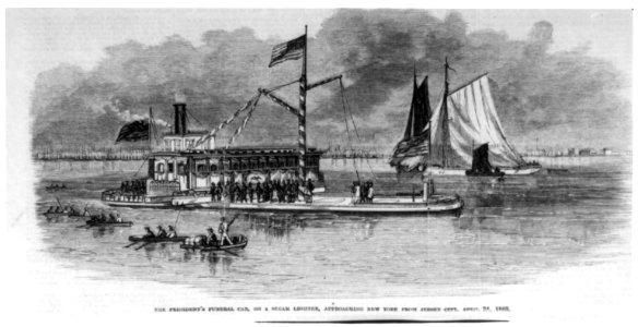 The President's funeral car, on a steam lighter, approacing New York, from Jersey City April 24, 1865 LCCN2002736363