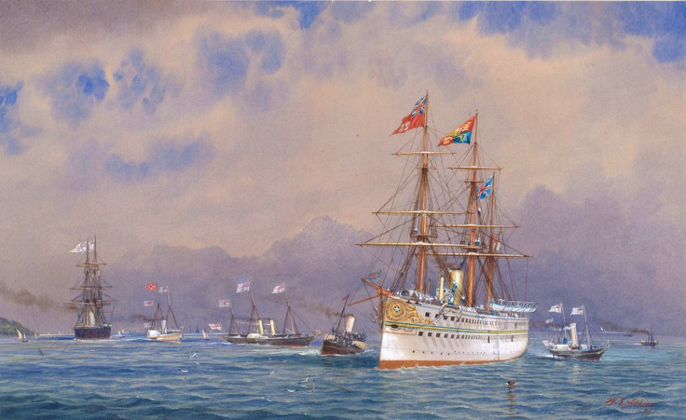 The Prince of Wales entering the Solent on his return from India, on board HMS Serapis, 1876