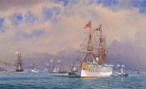 The Prince of Wales entering the Solent on his return from India, on board HMS Serapis, 1876