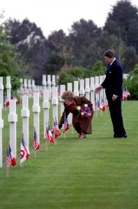 The Reagans visit the grave of Theodore Roosevelt Jr at Omaha Beach Cemetery