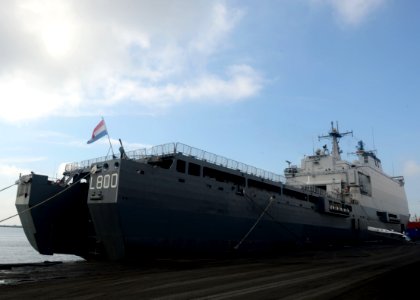 The Royal Netherlands Navy amphibious transport dock ship HNLMS Rotterdam (L800) sits pierside in Tema, Ghana, Sept 130926-N-CH661-018