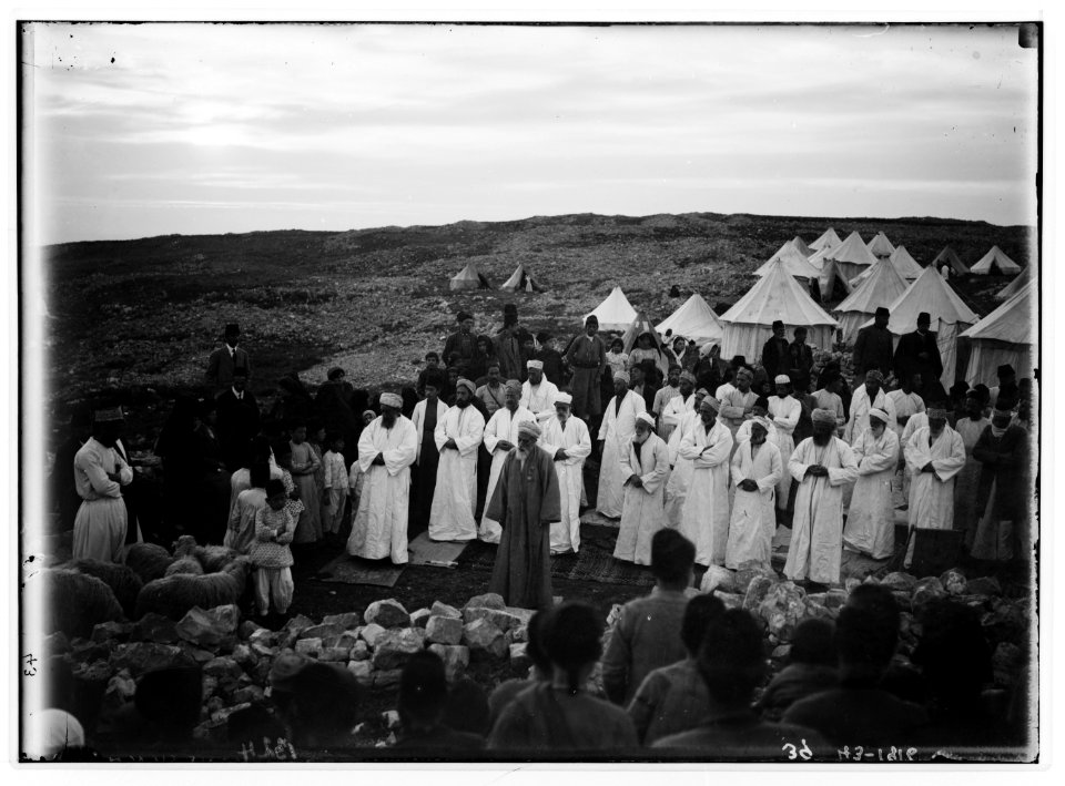The Samaritan Passover on Mt. Gerizim. High priest praying before the Samaritan assembly. LOC matpc.01845