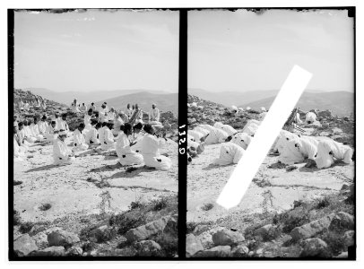 The Samaritan Passover on Mt. Gerizim. Prayer on the holy rock, on knees. LOC matpc.01869