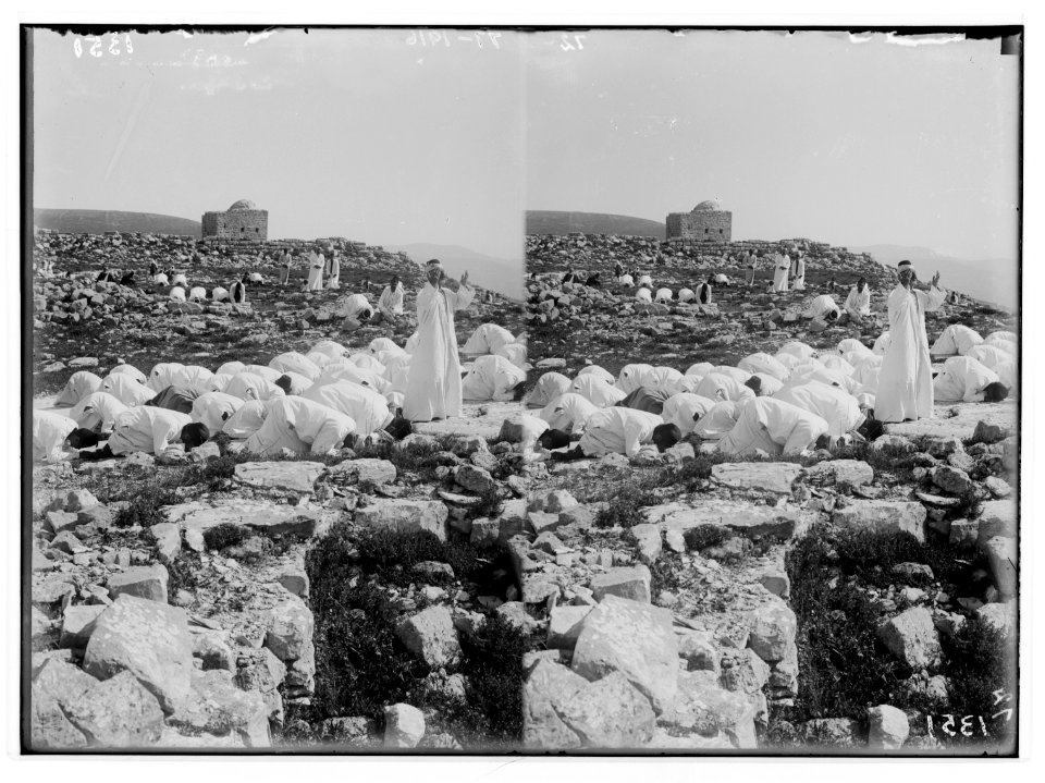 The Samaritan Passover on Mt. Gerizim. Prayer on the holy rock, prostrate. LOC matpc.01870