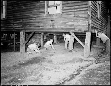 The Sergent boys and some of their friends shoot marbles underneath the Sergent's house. P V & K Coal Company, Clover... - NARA - 541356