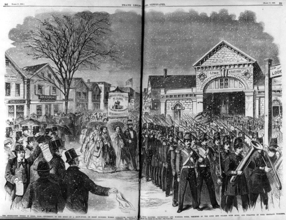 The sheomakers' strike in Lynn, Mass. - procession, in the midst of a snow storm, of eight hundred women operatives joining the strike..., preceded by the Lynn City Guards with music, and LCCN2007677064