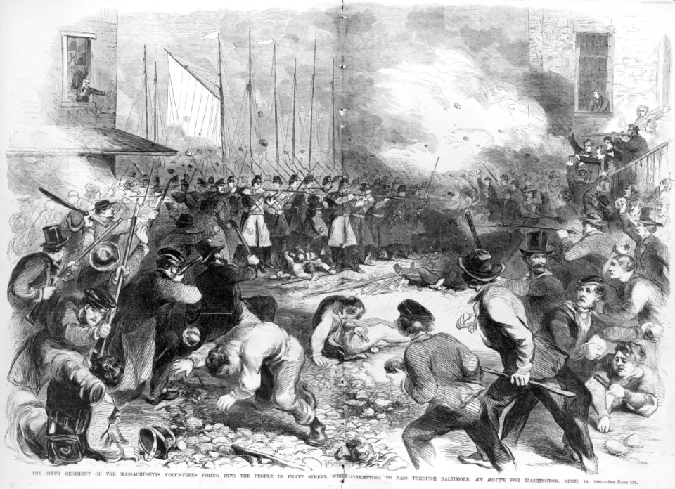 The sixth regiment of the Massachusetts volunteers firing into the people in Pratt Street, while attempting to pass through Baltimore en route for Washington, April 19, 1861 LCCN2003663108