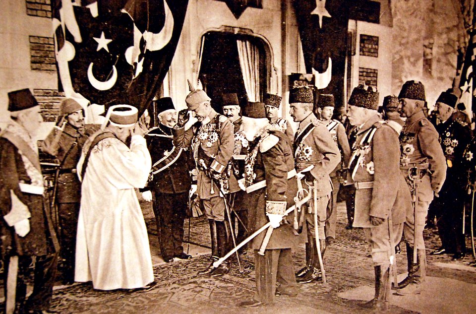 The sheikh ul Islam, Emperor Wilhelm II, the sultan, Excellency Enver Pasha, WWI (29411748075)