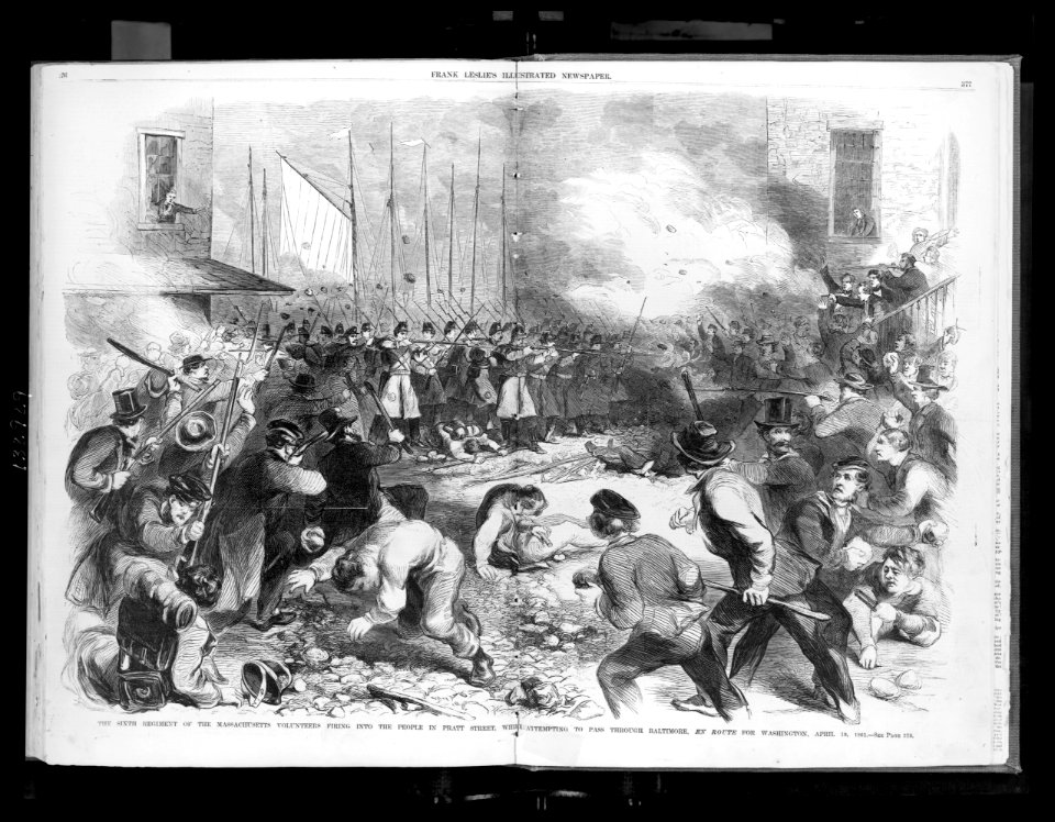 The sixth regiment of the Massachusetts volunteers firing into the people in Pratt Street, while attempting to pass through Baltimore en route for Washington, April 19, 1861 LCCN2003663108