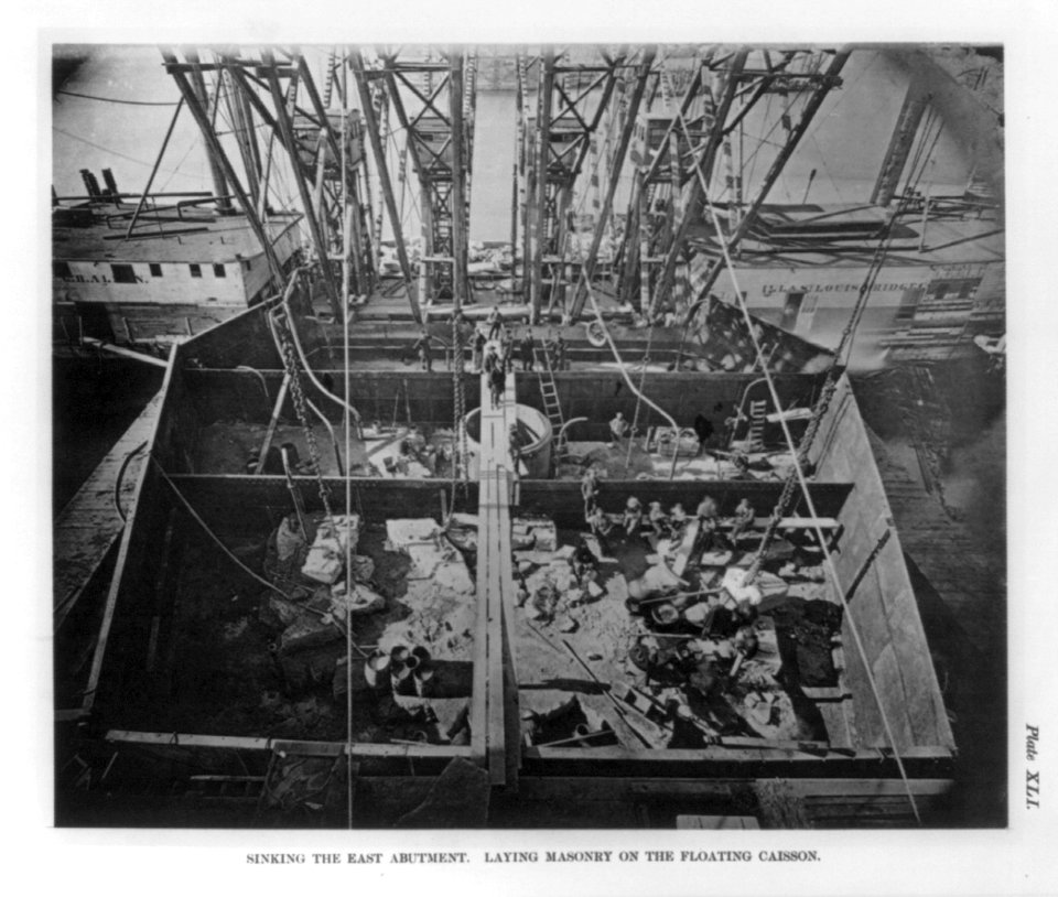 The St. Louis Bridge- Sinking East Abutment. Laying masonry on the floating caisson LCCN2004673044