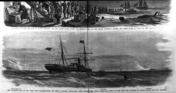 The steamship Star of the West, with reinforcements for Major Anderson, approaching Fort Sumter - The South Carolinians firing at her from the batteries on Morris Island and Fort Moultrie LCCN99614048