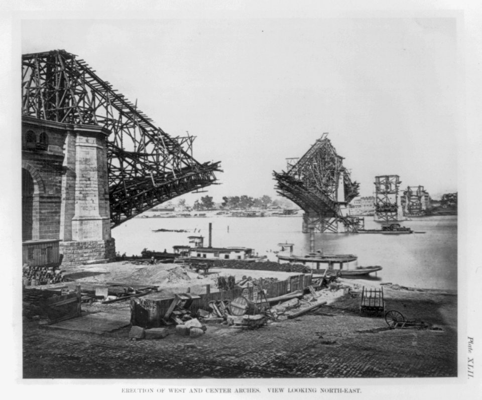 The St. Louis Bridge- Erection of west and center arches. View looking northeast LCCN2004673043