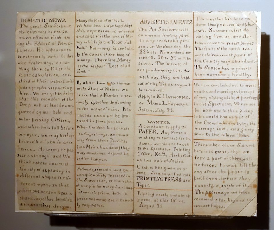 The Spectator No. 1 (back), manuscript by Nathaniel Hawthorne, August 1820 - Peabody Essex Museum - Salem, MA - DSC05065