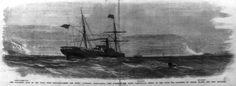 The steamship Star of the West, with reinforcements for Major Anderson, approaching Fort Sumter - The South Carolinians firing at her from the batteries on Morris Island and Fort Moultrie LCCN99614048