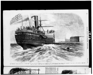 The steamship Marion, on her way to New York with the wives and children of the soldiers in Fort Sumter - manning the ramparts and cheering of the men as the steamer passes the fort the LCCN94508976