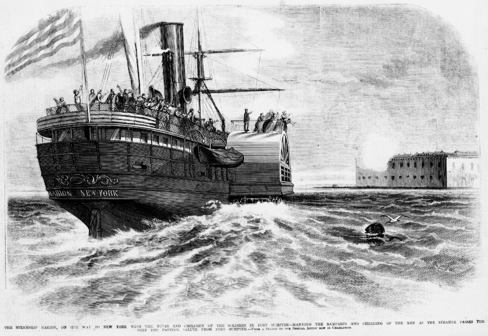 The steamship Marion, on her way to New York with the wives and children of the soldiers in Fort Sumter - manning the ramparts and cheering of the men as the steamer passes the fort the LCCN94508976