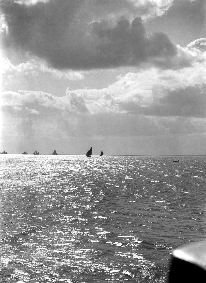 The sunlit North Sea from the harbour entrance with a number of trawlers under sail on the horizon. RMG P27512