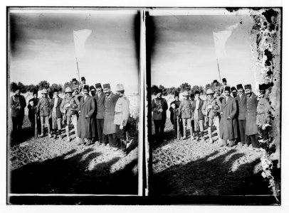 The surrender of Jerusalem to the British, December 9th, 1917. The mayor of Jerusalem, with white flag, offers surrender to two British tommies (sergeants). LOC matpc.02217