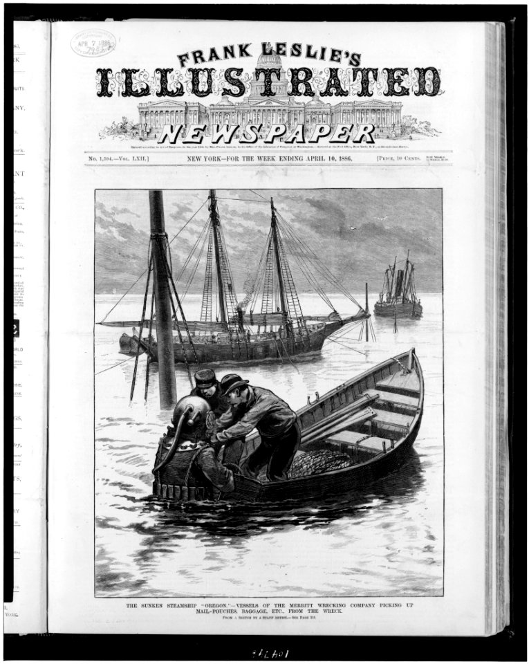The Sunken steamship Oregon.-vessels of the Merritt Wrecking Company picking up mail-pouches, baggage, etc., from the wreck - from a sketch by a staff artist. LCCN92501036