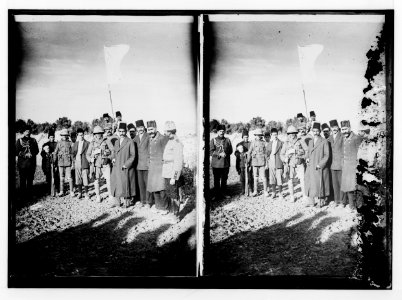 The surrender of Jerusalem to the British, December 9th, 1917. The mayor of Jerusalem, with white flag, offers surrender to two British tommies (sergeants). LOC matpc.02218