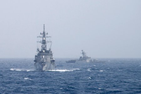 The Takanami-class destroyer JS Sazanami (DDG 113) and the Blackwood-class frigate INS Kirpan (P 44) transit the Bay of Bengal during Malabar 2017