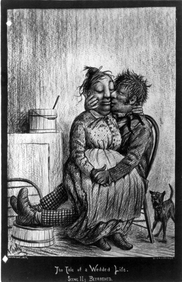 The Tale of a Wedded Life, in Ten Scenes, by Cassius M. Collidge (couple in domestic scenes)- Scene II - Betrothed (woman on man's lap) LCCN2003670001