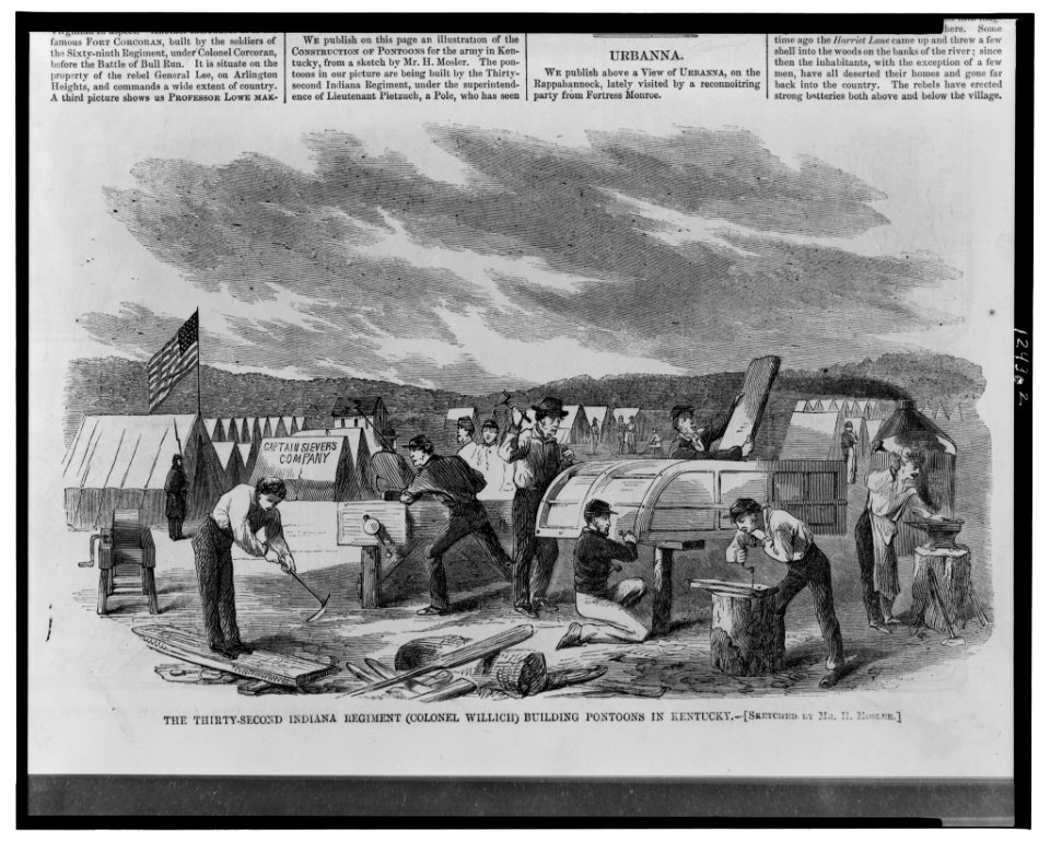 The Thirty-Second Indiana Regiment (Colonel Willich) building pontoons in Kentucky - sketched by Mr. H. Mosler. LCCN99471866